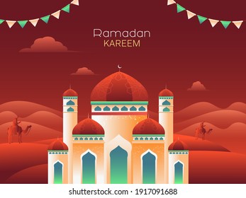 Ramadan Kareem Konzept mit exquisiter Moschee auf roter Wüste Blick Hintergrund.