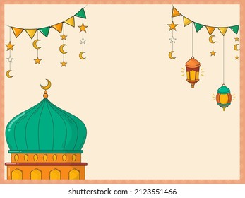 El Concepto Ramadan Kareem Con Mezquita Plana, Farolitos Árabes, Luna Creciente, Cubierta De Estrellas Y Bandera De Bunting Decorada Con Fondo Naranja Pastel.