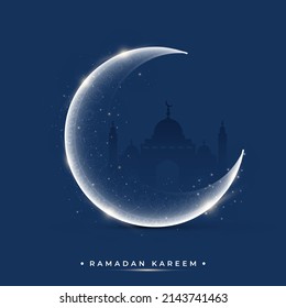 Ramadan Kareem Concept With Glowing Crescent Moon On Blue Silhouette Mosque Background.