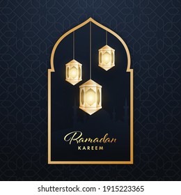 Ramadan Kareem Concept With Golden Illuminated Lanterns Hang On Gray Arabic Pattern Background.