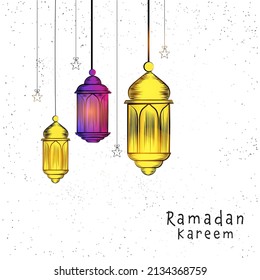 Ramadan Kareem Concept With Hanging Arabic Lanterns And Stars On White Background.