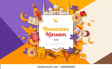 Ramadan Kareem concept horizontal banner with flat sticker icons on modern geometric background. Vector illustration. Eid Mubarak. Quran, Traditional Lanterns, Iftar food dates