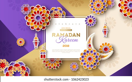 Ramadan Kareem concept horizontal banner with islamic geometric patterns and square frame. Arabesque flowers, traditional lanterns, crescent and stars. Vector illustration.