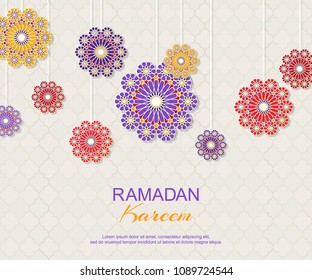 Ramadan Kareem concept horizontal banner with islamic geometric patterns. Paper cut flowers traditional vector illustration. Ramadan Mubarak month of fasting for Muslims in white violet yellow red.