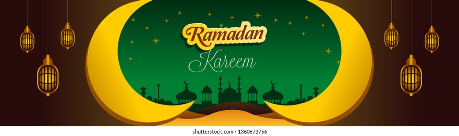 Ramadan Kareem concept horizontal banner with islamic geometric patterns. Paper cut style, traditional lanterns, moon and stars. Gold, brown and green color. Vector illustration. 