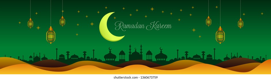 Ramadan Kareem concept horizontal banner with islamic geometric patterns. Paper cut style, traditional mosque, lanterns, moon and stars. green color. Vector illustration. 