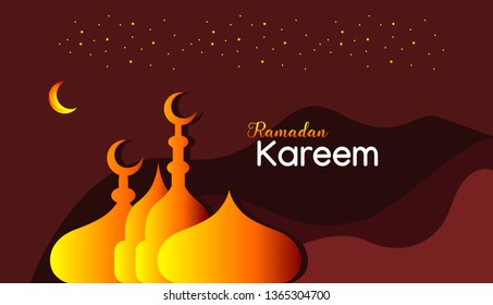Ramadan Kareem concept horizontal banner with islamic geometric patterns. Paper cut style, moon and stars. Special orange and brown  color. Vector illustration.