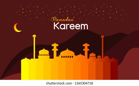 Ramadan Kareem concept horizontal banner with islamic geometric patterns. Paper cut style, moon and stars. Special orange and brown  color. Vector illustration. 