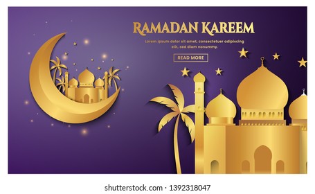 Ramadan Kareem concept horizontal banner . With the traditional lanterns, moon and starsArabic Ramadan Kareem ornament . Creative design greeting card, website header and banner, poster.