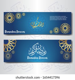 Ramadan Kareem concept horizontal banners with flat sticker icons. Vector illustration. Eid Mubarak. Quran, Traditional Lanterns, Dates