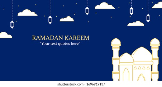 Pancartas horizontales con el concepto Ramadan Kareem con fondo azul y mezquita. Ilustración vectorial. Eid Mubarak. Corán, farolillos tradicionales, fechas