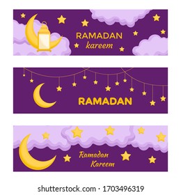 Ramadan Kareem concept horizontal banners with cute cartoon lantern, moon, stars and clouds on violet background. Set holiday background for branding greeting card, banner, cover, flyer or poster.