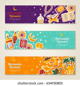 Ramadan Kareem concept horizontal banners with flat sticker icons. Vector illustration. Eid Mubarak. Quran, Traditional Lanterns, Dates