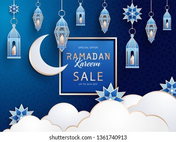 Ramadan Kareem concept horizontal Sale banner with islamic geometric patterns. Arabesque, traditional lanterns, crescent, stars and clouds on dark blue night sky background. Vector illustration.