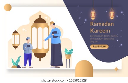 Ramadan Kareem concept, islamic greeting card for happy tasing and ied Mubarak with lantern, mosque, suitable for web landing page, social media post, banner, background, poster. Vector illustration
