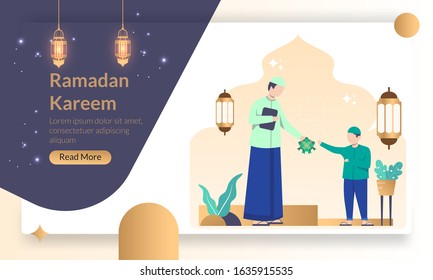 Ramadan Kareem concept, islamic greeting card for happy tasing and ied Mubarak with lantern, mosque, suitable for web landing page, social media post, banner, background, poster. Vector illustration