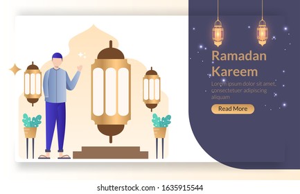 Ramadan Kareem concept, islamic greeting card for happy tasing and ied Mubarak with lantern, mosque, suitable for web landing page, social media post, banner, background, poster. Vector illustration