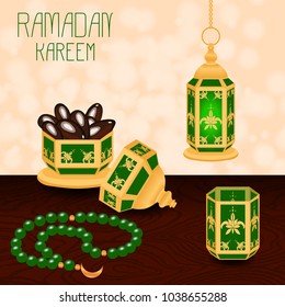Ramadan Kareem. Concept of a Islamic holiday. Lamp shines, a vase with dates, a glass of water, chaplet from 33 beads. On a beige background with blur and wood texture