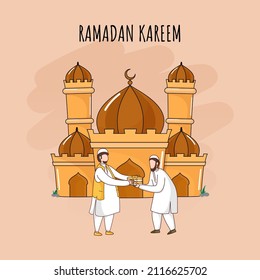Ramadan Kareem Concepto Con El Hombre Islámico Dando Ropa A La Persona Pobre Frente A La Mezquita En El Fondo De La Enfermedad.