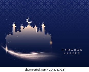 Ramadan Kareem Concept With Lights Effect Mosque On Blue Islamic Pattern Background.