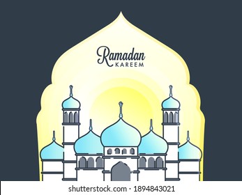 Ramadan Kareem Concept With Mosque Illustration On Yellow And Grey Background.