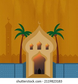Ramadan Kareem Concept With Mosque View, Palm Trees On Brown And Blue Texture Background.