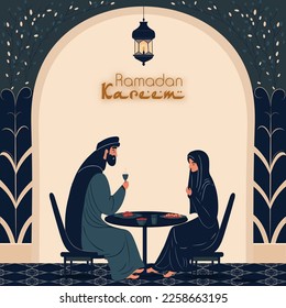 Ramadan Kareem Concept With Muslim Couple Character At Dining Table.