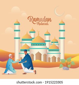 Ramadan Kareem Concept With Muslim Man Giving Something To Elder Beggar In Front Of Mosque On Peach Background.