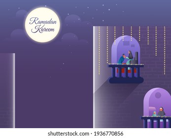 Ramadan Kareem Concept With Muslim People Character At Balconies Window On Full Moon Night Background.