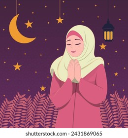 Ramadan kareem concept of a muslim woman praying to the god