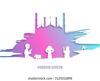 Ramadan Kareem Concepto Con Gente Islámica Cortada De Papel Rezando, Mezquita Creativa De Gradiente En Fondo Blanco.