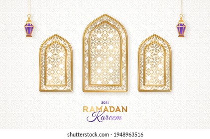 Ramadan Kareem concept poster or banner, gold 3d frame arab windows with beautiful arabesque pattern and hanging lanterns lamp on white background. Vector illustration. Place for your text