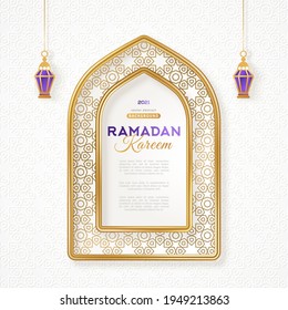 Ramadan Kareem concept poster or banner, gold 3d frame arab window with geometric arabesque pattern and hanging lanterns lamp on white background. Vector illustration. Place for your text