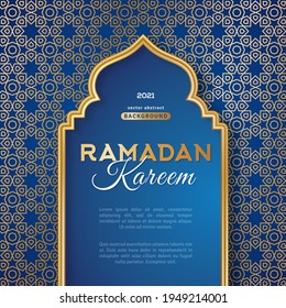 Afiche conceptual de Ramadan Kareem, marco de mezquita oro 3d, ventana árabe o puerta con hermoso patrón arabesco de entramado. Ilustración vectorial. Colocar el texto