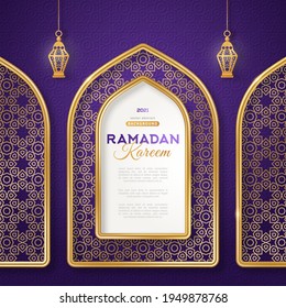 Ramadan Kareem concept poster, gold 3d frame arab window and hanging lanterns lamp on night sky background, beautiful arabesque pattern. Vector illustration. Place for text