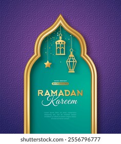 Ramadan Kareem concept poster, gold 3d frame template, arab window on purple background, arabesque pattern. Vector illustration. Hanging golden arabian lanterns and stars. Place for text.