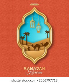 Ramadan Kareem concept poster, gold 3d frame template, mosque window on orange background pattern. Vector illustration. Place for text. Landscape camel caravan, palms in oasis, paper cut 3d style