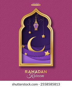 Ramadan Kareem concept poster, gold 3d frame template, mosque window on purple background pattern. Vector illustration. Place for text. Violet paper cut clouds, night sky crescent, lantern and stars