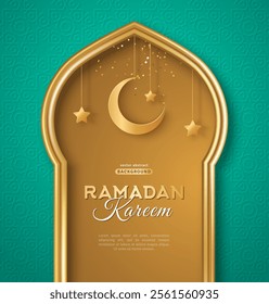 Ramadan Kareem concept poster, gold 3d frame template, arab window on blue background, arabesque pattern. Vector illustration. Hanging golden arabian moon and stars. Place for text.