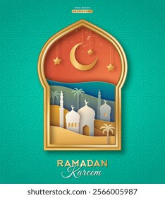 Ramadan Kareem concept poster, gold 3d frame template, arab window on violet background, arabesque pattern. Vector illustration. Place for text. Mosque landscape view, desert oasis