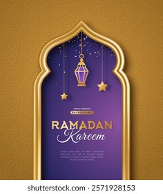 Ramadan Kareem concept poster, gold 3d frame template, arab window on golden background, arabesque pattern. Vector illustration. Hanging golden arabian lanterns and stars. Place for text.