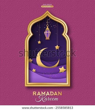 Ramadan Kareem concept poster, gold 3d frame template, mosque window on purple background pattern. Vector illustration. Place for text. Violet paper cut clouds, night sky crescent, lantern and stars