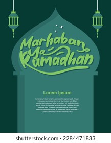 Afiche conceptual de Ramadan Kareem con cúpula de mezquita, ventana árabe sobre fondo oscuro con hermoso patrón árabe. Ilustración vectorial. Linternas verdes colgantes, centavos y estrellas