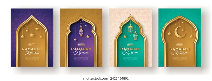 Ramadan Kareem concept poster set, gold 3d frame template, arab windows on color background, arabesque pattern. Vector illustration. Hanging golden arabian lanterns, moon and stars. Place for text.