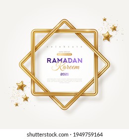 Ramadan Kareem concept poster, typography template. Eight point star shape frame, 3d gold stars and confetti on light background. Vector illustration. Eight-pointed Rub el hizb islamic symbol