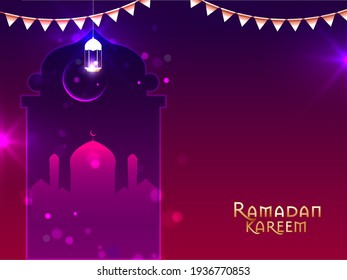 Ramadan Kareem Concept With Silhouette Mosque, Crescent Moon, Lit Lantern Hang On Purple And Red Light Effect Background.