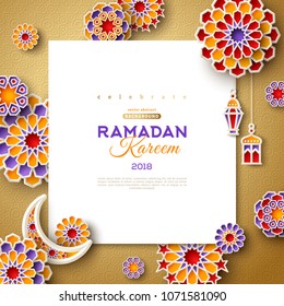 Ramadan Kareem concept with square frame and 3d paper cut islamic lanterns, stars and moon on gold background. Vector illustration. Place for text.