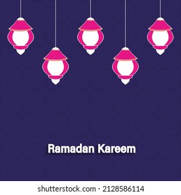 Ramadan Kareem Concept With Traditional Lanterns Hang On Blue Background.
