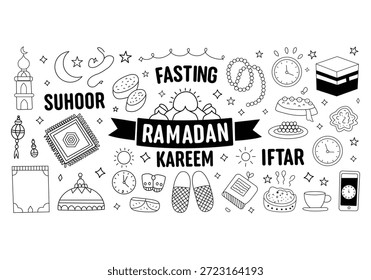 Concepto de Ramadán Kareem con varios iconos de ayuno y oración