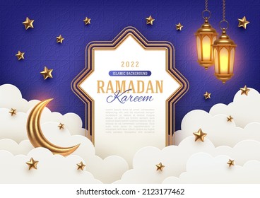 Ramadan Kareem concept vector illustration. Ramadan greeting card with golden arabic frame, crescent and lamp against a cloudy sky background with stars. Design for Holy month Ramadan celebration.